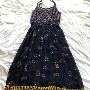 Navy blue maxi dress with multi colored shapes